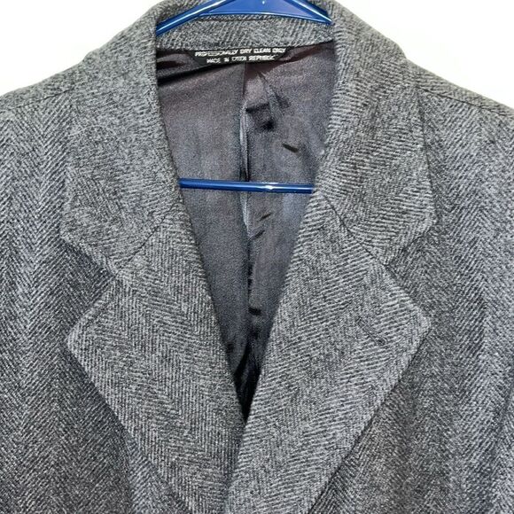Herringbone Wool Gray Long winter Traditional 3 button Trenchcoat Overcoat XL - Picture 2 of 8